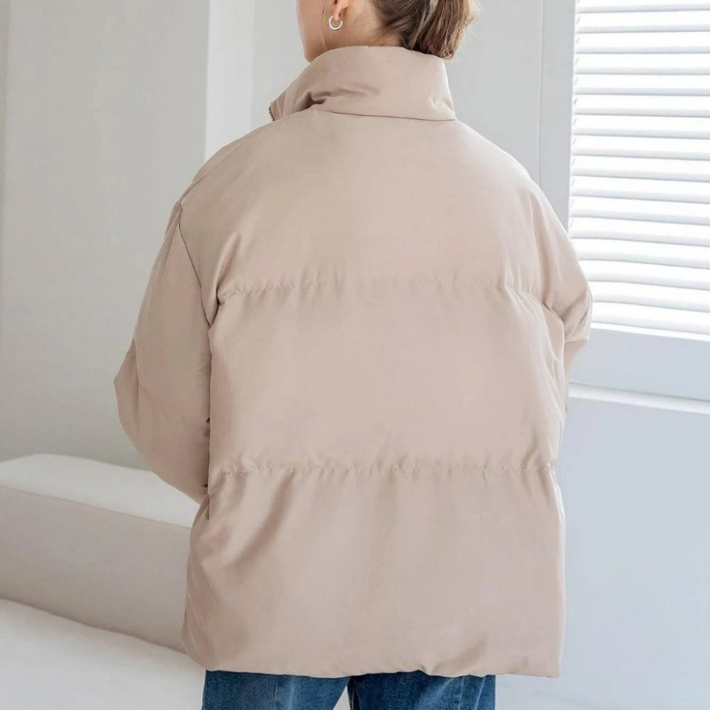 beige Zip up Drawstring Hem Flap Pocket Puffer Coat Comfy fall winter - Picture 2 of 8